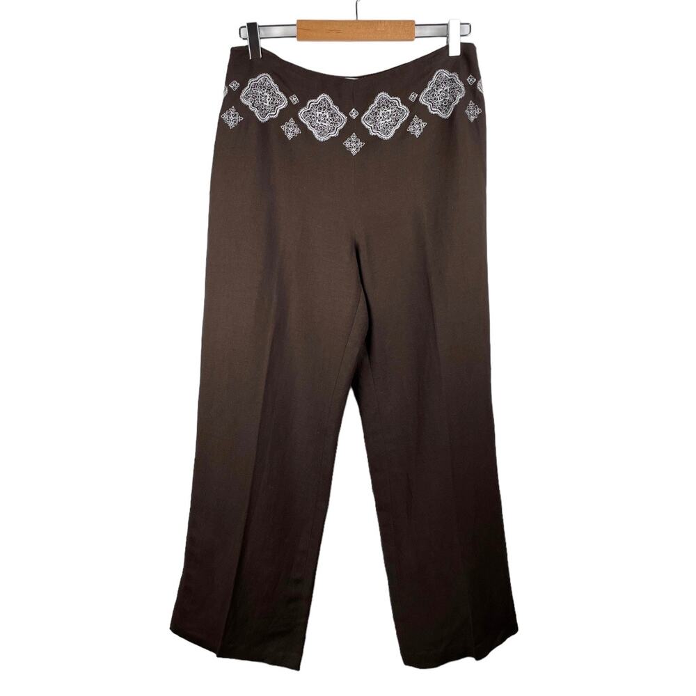 LOFT Brown Embroidered Linen Blend Wide Leg Cropped Pants Size 10